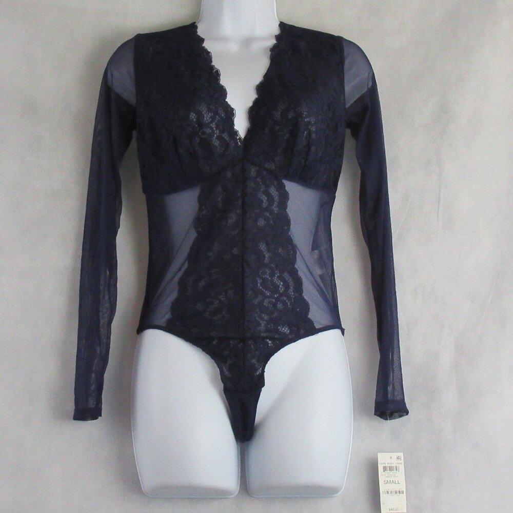 INC Women's Long-Sleeve Lace Mesh Thong Bodysuit, Vibrant Navy Blue, Small - Picture 2 of 7